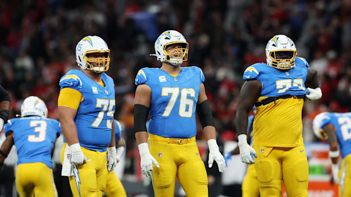 [US, Mexico & Canada customers only] Sep 5, 2025; Sao Paulo, BRAZIL;  Los Angeles Chargers center Bradley Bozeman (75) and offensive tackle Joe Alt (76) before a NFL game at Corinthians Arena. Mandatory Credit: Amanda Perobelli/Reuters via Imagn Images