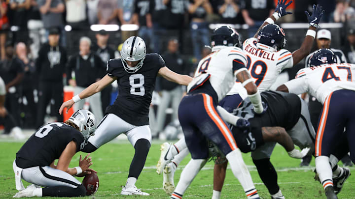The Bears' Josh Blackwell blocks the Raiders' potential game-winning field goal in Week 4. The Bears' Josh Blackwell blocks the Raiders' potential game-winning field goal in Week 4.