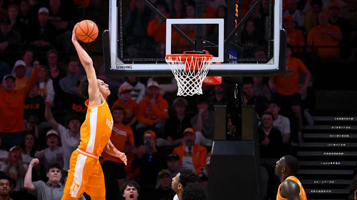 Feb 21, 2026; Nashville, Tennessee, USA;  Tennessee Volunteers forward Nate Ament (10) attempts to dunk the ball but come up short against the Vanderbilt Commodores during the second half at Memorial Gymnasium. Mandatory Credit: Steve Roberts-Imagn Images