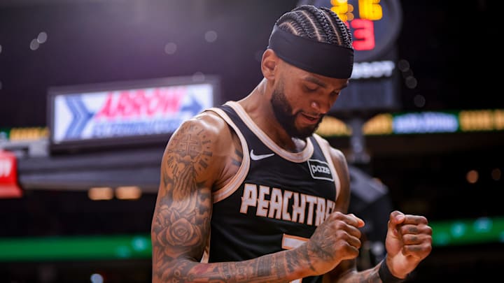Atlanta Hawks guard Nickeil Alexander-Walker reacts after a basket against the Detroit Pistons in the fourth quarter at State Farm Arena Atlanta Hawks guard Nickeil Alexander-Walker reacts after a basket against the Detroit Pistons in the fourth quarter at State Farm Arena