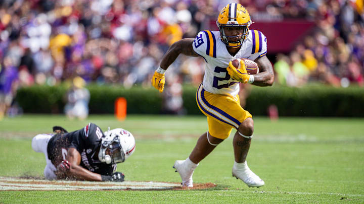 Sep 14, 2024; Columbia, South Carolina, USA; LSU Tigers running back Caden Durham (29) runs for a big gain against the South Carolina Gamecocks in the third quarter at Williams-Brice Stadium. Mandatory Credit: Scott Kinser-Imagn Images