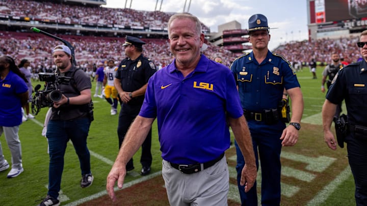 Sep 14, 2024; Columbia, South Carolina, USA; LSU Tigers head coach Brian Kelly smiles after defeating the South Carolina Gamecocks at Williams-Brice Stadium. Mandatory Credit: Scott Kinser-Imagn Images