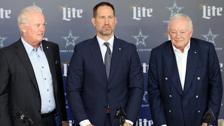 Jan 27, 2025; Frisco, TX, USA;   (L to R) Dallas Cowboys CEO Stephen Jones,head coach Brian Schottenheimer and owner Jerry Jones pose for pictures after a press conference at the Star.  Mandatory Credit: Tim Heitman-Imagn Images