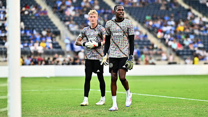 Aug 4, 2024; Chester, Pennsylvania, USA; Philadelphia Union goalkeeper Andre Blake (18) warms up with goalkeeper Holden Trent (13) before the game against Cruz Azul at Subaru Park. Mandatory Credit: Kyle Ross-Imagn Images
