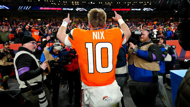 Jan 17, 2026; Denver, CO, USA; Denver Broncos quarterback Bo Nix (10) celebrates after winning an AFC Divisional Round playoff game against the Buffalo Bills at Empower Field at Mile High. Mandatory Credit: Ron Chenoy-Imagn Images