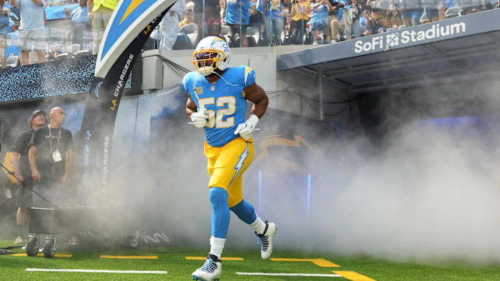 Los Angeles Chargers linebacker Khalil Mack enters the field before the game against the Kansas City Chiefs at SoFi Stadium. 