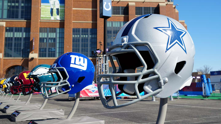 Feb 28, 2024; Indianapolis, IN, USA; A general view of large Dallas Cowboys and New York Giants helmets at the NFL Scouting Combine Experience at Lucas Oil Stadium. Mandatory Credit: Kirby Lee-Imagn Images Feb 28, 2024; Indianapolis, IN, USA; A general view of large Dallas Cowboys and New York Giants helmets at the NFL Scouting Combine Experience at Lucas Oil Stadium. Mandatory Credit: Kirby Lee-Imagn Images