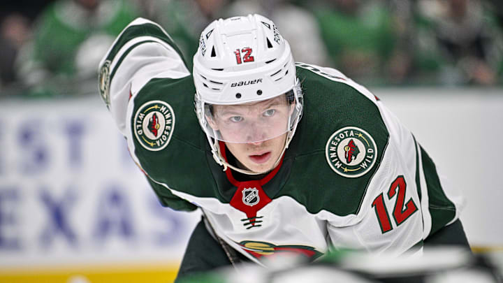 Apr 28, 2026; Dallas, Texas, USA; Minnesota Wild left wing Matt Boldy (12) looks on during the third period against the Dallas Stars in game five of the first round of the 2026 Stanley Cup Playoffs at American Airlines Center. Mandatory Credit: Jerome Miron-Imagn Images