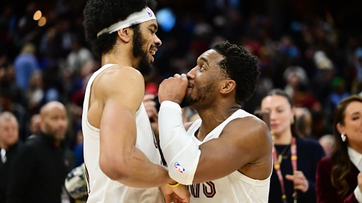 Jan 8, 2025; Cleveland, Ohio, USA; Cleveland Cavaliers guard Donovan Mitchell (45) celebrates with center Jarrett Allen (31) after the Cavaliers beat the Oklahoma City Thunder at Rocket Mortgage FieldHouse. Mandatory Credit: Ken Blaze-Imagn Images Jan 8, 2025; Cleveland, Ohio, USA; Cleveland Cavaliers guard Donovan Mitchell (45) celebrates with center Jarrett Allen (31) after the Cavaliers beat the Oklahoma City Thunder at Rocket Mortgage FieldHouse. Mandatory Credit: Ken Blaze-Imagn Images