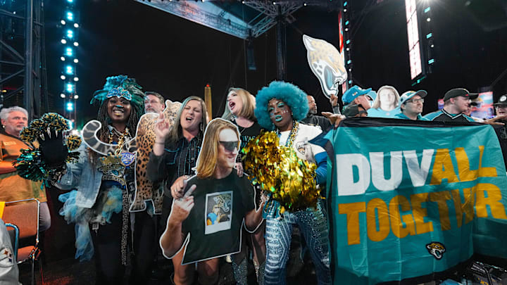 Apr 27, 2023; Kansas City, MO, USA; Jacksonville Jaguars fans during the first round of the 2023 NFL