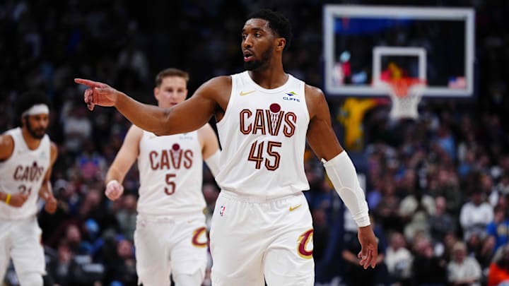 Feb 9, 2026; Denver, Colorado, USA; Cleveland Cavaliers guard Donovan Mitchell (45) during the fourth quarter against the Denver Nuggets at Ball Arena. Mandatory Credit: Ron Chenoy-Imagn Images