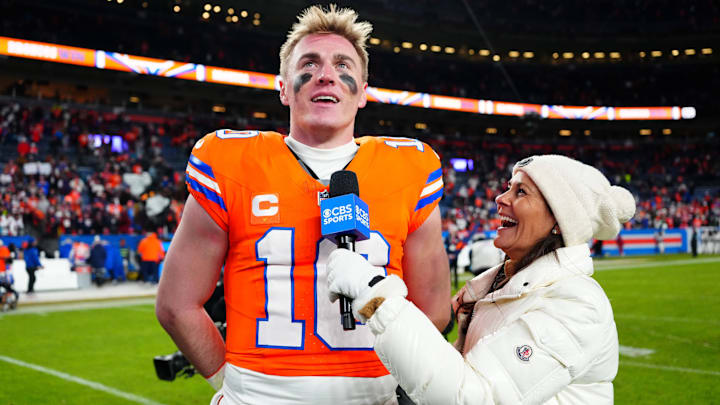 Jan 5, 2025; Denver, Colorado, USA; CBS Sports reporter Tracy Wolfson interviews Denver Broncos quarterback Bo Nix (10) following the win against the Kansas City Chiefs at Empower Field at Mile High. 