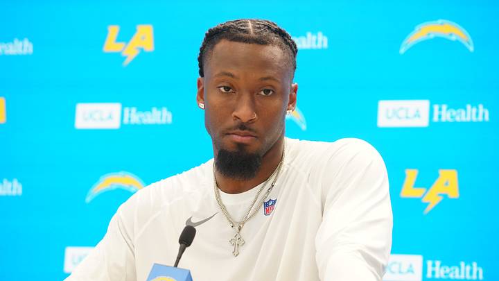 Jun 16, 2026, El Segundo, California; Los Angeles Chargers receiver Quentin Johnston at press conference atThe Bolt. Mandatory Credit: Kirby Lee-Imagn Images