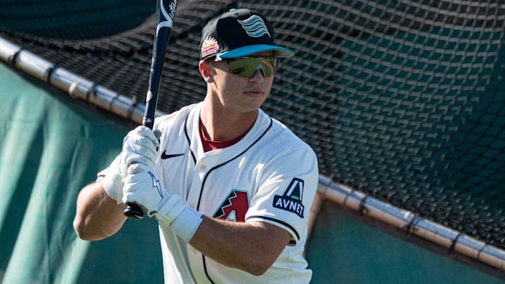 Second baseman, Tommy Troy warms up for batting practice during the Arizona Fall League media day at Scottsdale Stadium on Oct. 4, 2024, in Scottsdale, Arizona. Second baseman, Tommy Troy warms up for batting practice during the Arizona Fall League media day at Scottsdale Stadium on Oct. 4, 2024, in Scottsdale, Arizona.