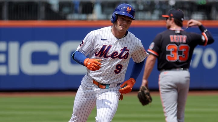 May 14, 2026; New York City, New York, USA; New York Mets center fielder A.J. Ewing (9) rounds the bases after hitting a solo home run against the Detroit Tigers during the third inning at Citi Field. The home run was the first of his MLB career. Mandatory Credit: Brad Penner-Imagn Images
