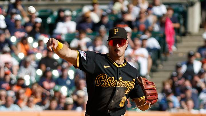 Sep 26, 2026; Detroit, Michigan, USA;  Pittsburgh Pirates shortstop Konnor Griffin (6) throws to first during the eighth inning against the Detroit Tigers at Comerica Park.  Mandatory Credit: Brian Bradshaw Sevald-Imagn Images