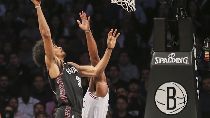 Apr 18, 2019; Brooklyn, NY, USA; Brooklyn Nets center Jarrett Allen (31) shoots against the Philadelphia 76ers during the first quarter in game three of the first round of the 2019 NBA Playoffs at Barclays Center. Mandatory Credit: Wendell Cruz-Imagn Images