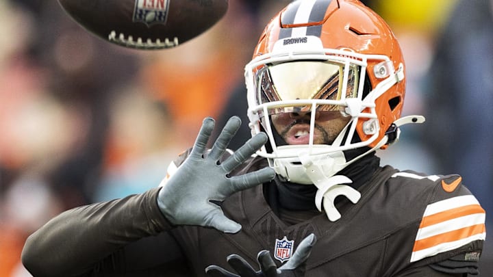 Dec 29, 2024; Cleveland, Ohio, USA; Cleveland Browns safety Juan Thornhill (1) catches the ball during warm ups before the game against the Miami Dolphins at Huntington Bank Field. Mandatory Credit: Scott Galvin-Imagn Images