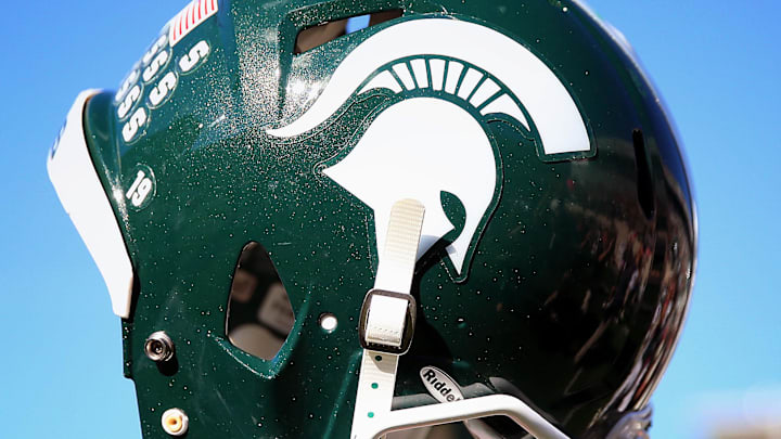 Oct 12, 2013; East Lansing, MI, USA; General view of Michigan State Spartans helmet after a game