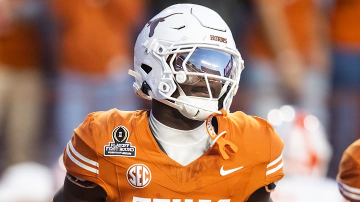 Dec 21, 2024; Austin, Texas, USA; Texas Longhorns defensive back Andrew Mukuba (4) against the Clemson Tigers during the CFP National playoff first round at Darrell K Royal-Texas Memorial Stadium. Mandatory Credit: Mark J. Rebilas-Imagn Images