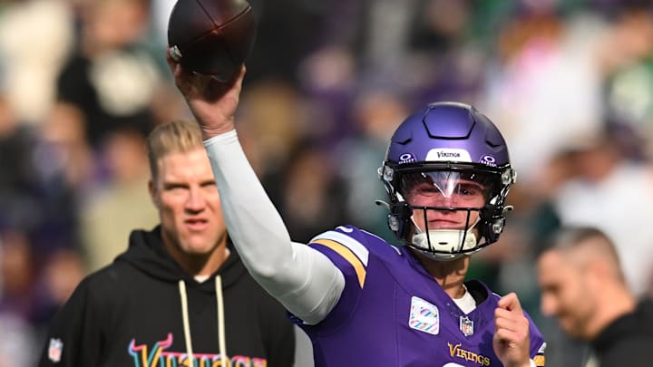 Oct 19, 2025; Minneapolis, Minnesota, USA; Minnesota Vikings quarterback J.J. McCarthy (9) throws a pass during warm ups before the game against the Philadelphia Eagles at U.S. Bank Stadium. Mandatory Credit: Jeffrey Becker-Imagn Images Oct 19, 2025; Minneapolis, Minnesota, USA; Minnesota Vikings quarterback J.J. McCarthy (9) throws a pass during warm ups before the game against the Philadelphia Eagles at U.S. Bank Stadium. Mandatory Credit: Jeffrey Becker-Imagn Images