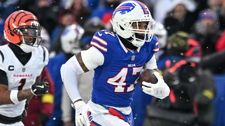 Dec 7, 2025; Orchard Park, New York, USA; Buffalo Bills cornerback Christian Benford (47) returns an interception for a touchdown  against the Cincinnati Bengals in the fourth quarter at Highmark Stadium. Mandatory Credit: Mark Konezny-Imagn Images