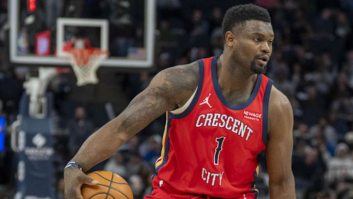 Mar 19, 2025; Minneapolis, Minnesota, USA; New Orleans Pelicans forward Zion Williamson (1) dribbles the ball against the Minnesota Timberwolves in the first half at Target Center. Mandatory Credit: Jesse Johnson-Imagn Images