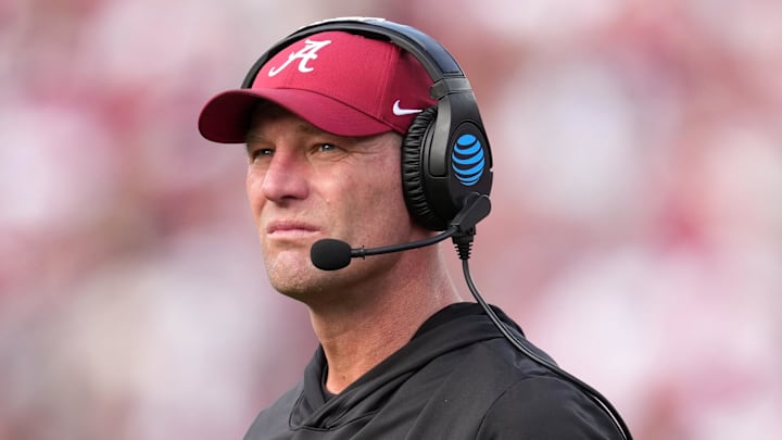 Jan 1, 2026; Pasadena, CA, USA; Alabama Crimson Tide head coach Kalen DeBoer looks on in the second half against the Indiana Hoosiers in the 2026 Rose Bowl and quarterfinal game of the College Football Playoff at Rose Bowl Stadium. 