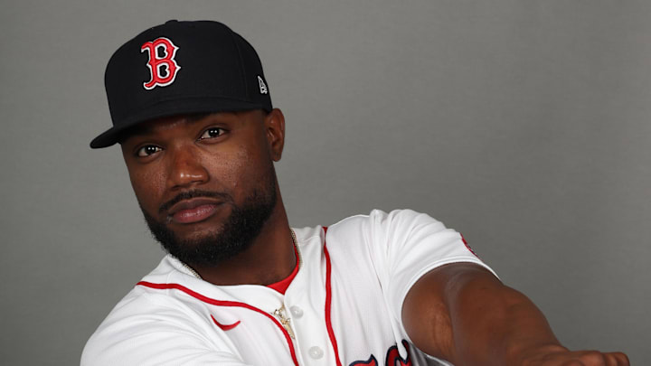 Feb 17, 2026; Lee County, FL, USA;  Boston Red Sox  infielder Andruw Monasterio (32) poses for a photo during media day at JetBlue Park. Mandatory Credit: Kim Klement Neitzel-Imagn Images