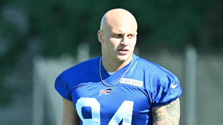 Jul 23, 2025; Rochester, NY, USA; Buffalo Bills defensive end Landon Jackson (94) warms up during training camp at St. John Fisher University. Mandatory Credit: Mark Konezny-Imagn Images