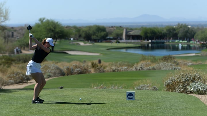 May 23, 2021; Scottsdale, Arizona, USA; Wake Forest golfer Emilia Migliaccio tees off on the 18th during the NCAA Women's Golf Championship at Grayhawk Golf Club. Mandatory Credit: Joe Camporeale-Imagn Images