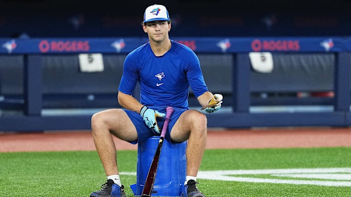 Sep 13, 2025: Toronto Blue Jays outfielder Joey Loperfido (10) watches during early batting practice before a game against the Baltimore Orioles at Rogers Centre. 