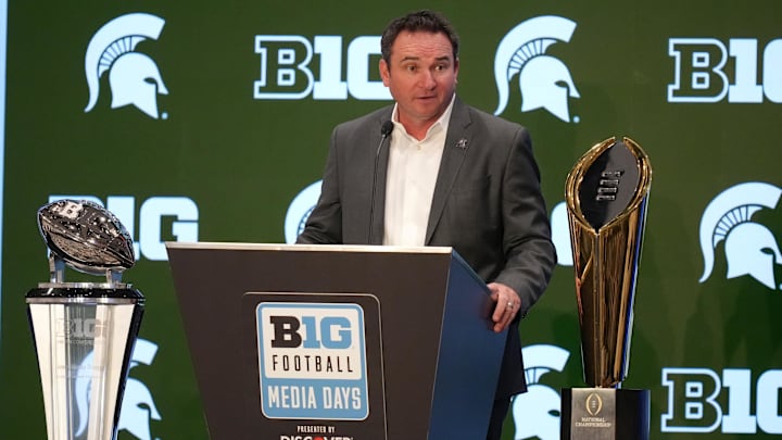 Jul 24, 2025; Las Vegas, NV, USA; Michigan State head coach Jonathan Smith speaks to the media during the Big Ten NCAA college football media days at Mandalay Bay Resort. Mandatory Credit: Lucas Peltier-Imagn Images