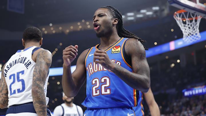 Jan 23, 2025; Oklahoma City, Oklahoma, USA; Oklahoma City Thunder guard Cason Wallace (22) reacts to an officials call after a play against the Dallas Mavericks during the first quarter at Paycom Center. Mandatory Credit: Alonzo Adams-Imagn Images