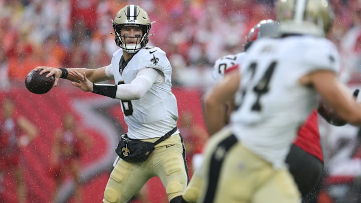 Dec 7, 2025; Tampa, Florida, USA; New Orleans Saints quarterback Tyler Shough (6) throws downfield during the second quarter against the Tampa Bay Buccaneers at Raymond James Stadium. Mandatory Credit: Nathan Ray Seebeck-Imagn Images