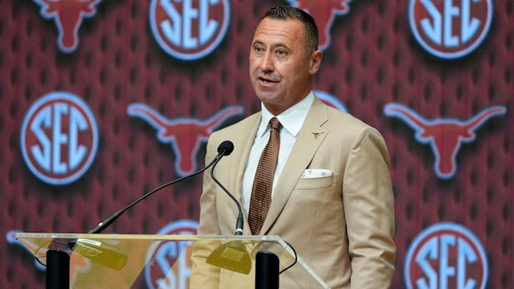 Texas coach Steve Sarkisian speaks during SEC Media Days at the College Football Hall of Fame in Atlanta.