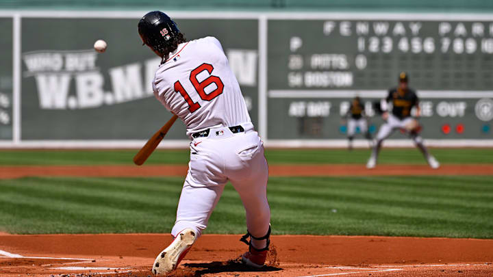 Aug 31, 2025; Boston, Massachusetts, USA; Boston Red Sox left fielder Jarren Duran (16) hits a double against the Pittsburgh Pirates during the first inning at Fenway Park. Mandatory Credit: Eric Canha-Imagn Images Aug 31, 2025; Boston, Massachusetts, USA; Boston Red Sox left fielder Jarren Duran (16) hits a double against the Pittsburgh Pirates during the first inning at Fenway Park. Mandatory Credit: Eric Canha-Imagn Images