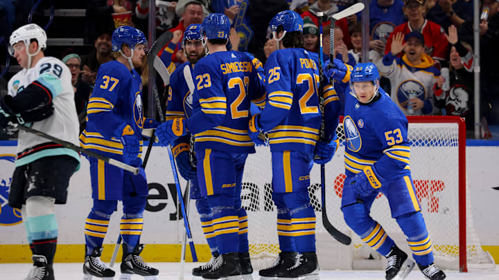 Jan 9, 2024; Buffalo, New York, USA;  Buffalo Sabres left wing Jeff Skinner (53) celebrates his goal