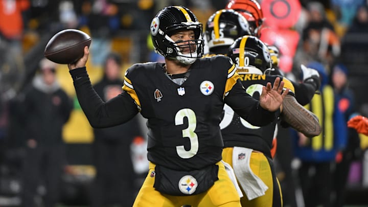 Jan 4, 2025; Pittsburgh, Pennsylvania, USA; Pittsburgh Steelers quarterback Russell Wilson (3) throws a pass against the Cincinnati Bengals during the second quarter at Acrisure Stadium. Mandatory Credit: Barry Reeger-Imagn Images