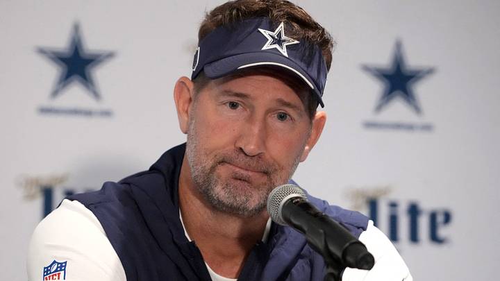 Dallas Cowboys head coach Brian Schottenheimer reacts at press conference at the Clube de Regatas do Flamengo training ground. Dallas Cowboys head coach Brian Schottenheimer reacts at press conference at the Clube de Regatas do Flamengo training ground.