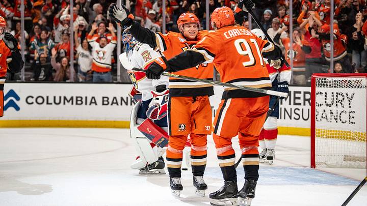 Oct 4, 2026; Anaheim, California, USA; Anaheim Ducks center Mikael Granlund (64) and center Leo Carlsson (91) celebrate a win in overtime against the Florida Panthers at Honda Center. Mandatory Credit: Corinne Votaw-Imagn Images Oct 4, 2026; Anaheim, California, USA; Anaheim Ducks center Mikael Granlund (64) and center Leo Carlsson (91) celebrate a win in overtime against the Florida Panthers at Honda Center. Mandatory Credit: Corinne Votaw-Imagn Images