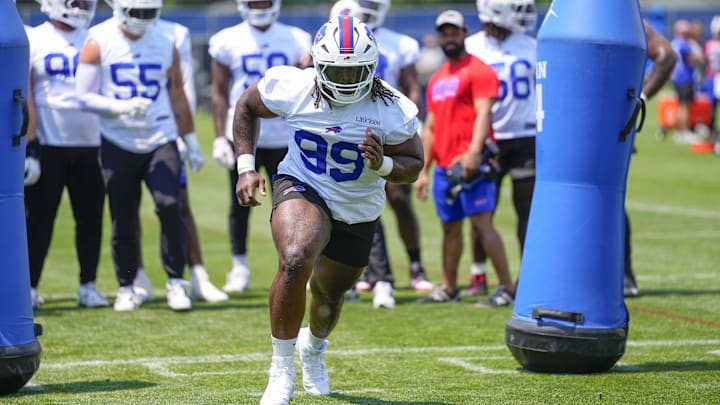 Buffalo Bills defensive tackle Larry Ogunjobi works out during Minicamp at Highmark Stadium. Buffalo Bills defensive tackle Larry Ogunjobi works out during Minicamp at Highmark Stadium.