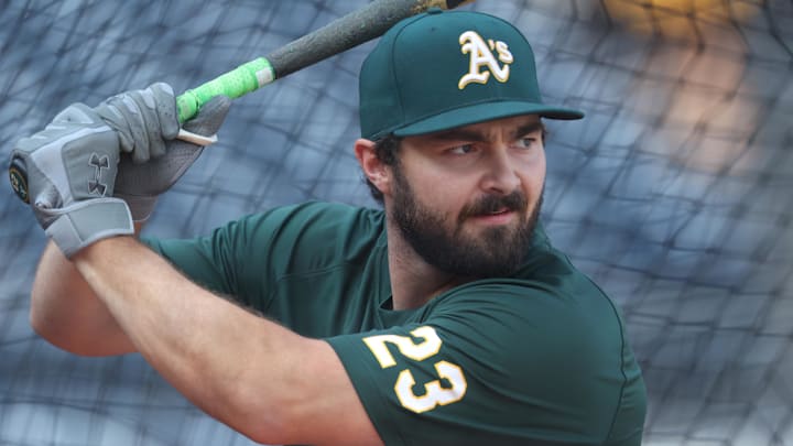 Sep 19, 2025; Pittsburgh, Pennsylvania, USA;  Athletics catcher Shea Langeliers (23) in the batting cage before the game against the Pittsburgh Pirates at PNC Park. Mandatory Credit: Charles LeClaire-Imagn Images