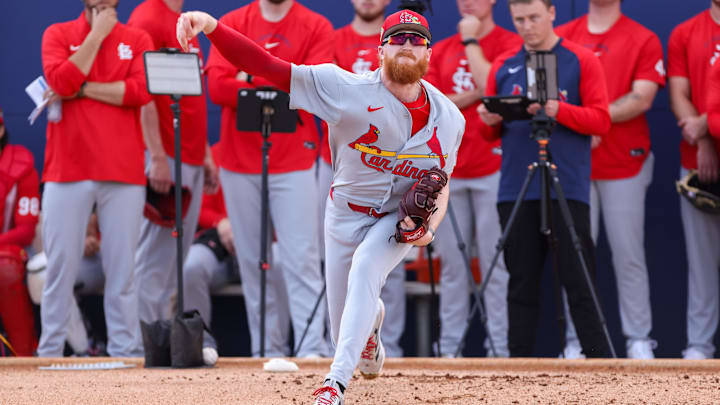 Feb 14, 2026; Jupiter, FL, USA; St. Louis Cardinals starting pitcher Dustin May (3) pitches during spring training at Roger Dean Chevrolet Stadium. Mandatory Credit: Sam Navarro-Imagn Images