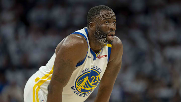 May 8, 2025; Minneapolis, Minnesota, USA; Golden State Warriors forward Draymond Green (23) looks on against the Minnesota Timberwolves in the second half during game two of the second round for the 2025 NBA Playoffs at Target Center. Mandatory Credit: Jesse Johnson-Imagn Images