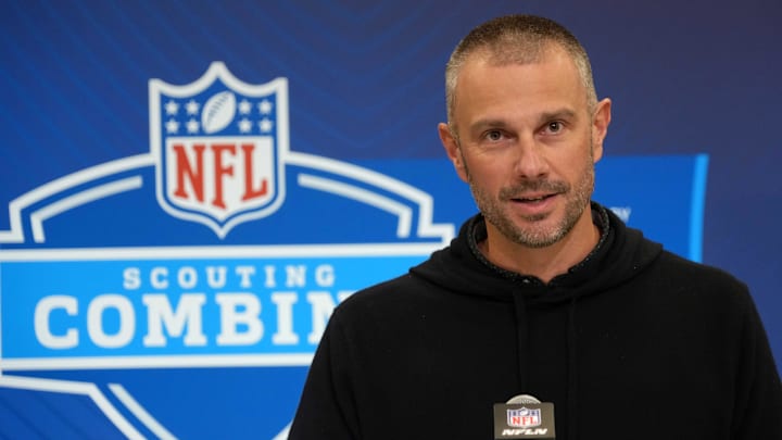 Feb 25, 2025; Indianapolis, IN, USA; Las Vegas Raiders general manager John Spytek speaks during the NFL Scouting Combine at the Indiana Convention Center. Mandatory Credit: Kirby Lee-Imagn Images