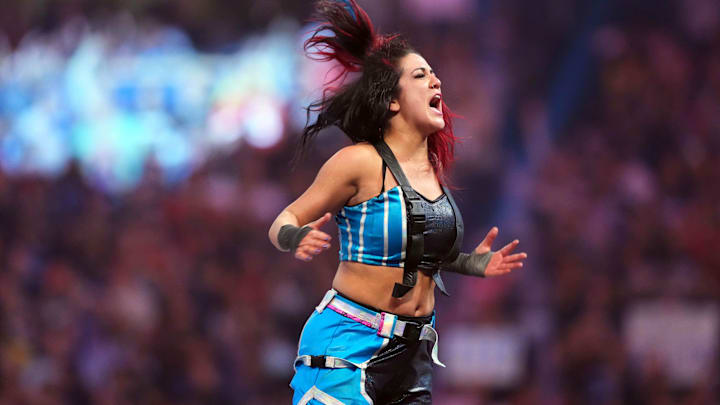 Jan 27, 2024; St. Petersburg, FL, USA; Bayley celebrates after winning the women   s Royal Rumble