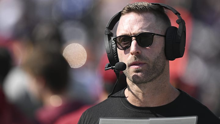 Oct 13, 2024; Baltimore, Maryland, USA;  Washington Commanders offensive coordinator Kliff Kingsbury on the sidelines during the first half against the Baltimore Ravens at M&T Bank Stadium. Mandatory Credit: Tommy Gilligan-Imagn Images