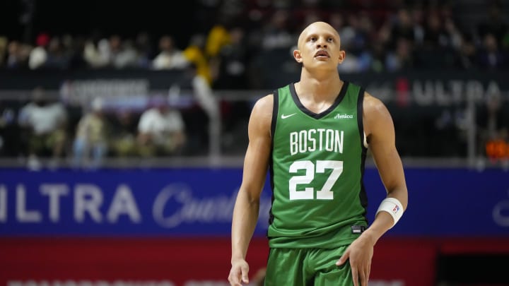 Jul 15, 2024; Las Vegas, NV, USA; Boston Celtics forward Jordan Walsh (27) competes against the Los Angeles Lakers during the second half at Thomas & Mack Center. Mandatory Credit: Lucas Peltier-USA TODAY Sports