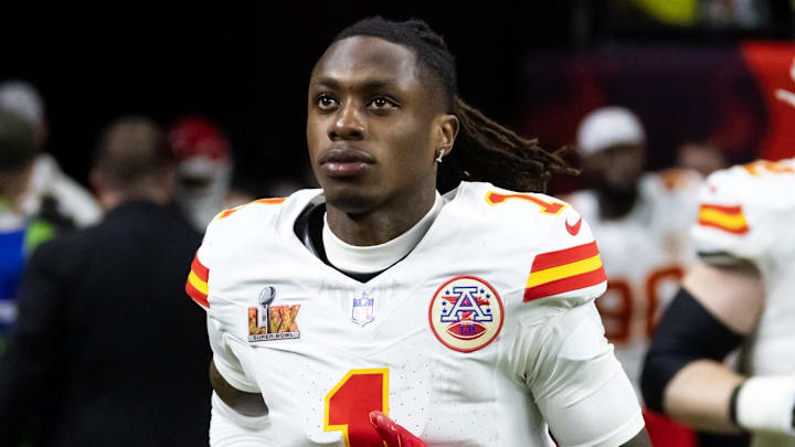 Feb 9, 2025; New Orleans, LA, USA; Kansas City Chiefs wide receiver Xavier Worthy (1) against the Philadelphia Eagles in Super Bowl LIX at Ceasars Superdome. Mandatory Feb 9, 2025; New Orleans, LA, USA; Kansas City Chiefs wide receiver Xavier Worthy (1) against the Philadelphia Eagles in Super Bowl LIX at Ceasars Superdome. Mandatory